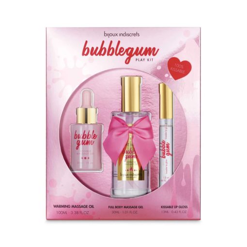 BUBBLEGUM Play Kit:- Warming massage oil 100 ml- Full body kissable massage gel 30ml- Oral Pleasure lip Gloss 13ml Szettek