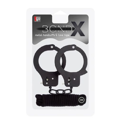 Bondx Metal Cuffs & Love Rope Set Black BDSM szett