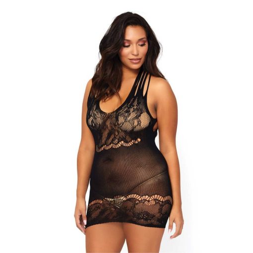 Floral lace opaque mini dress, black, PLUS SI Női Ruha